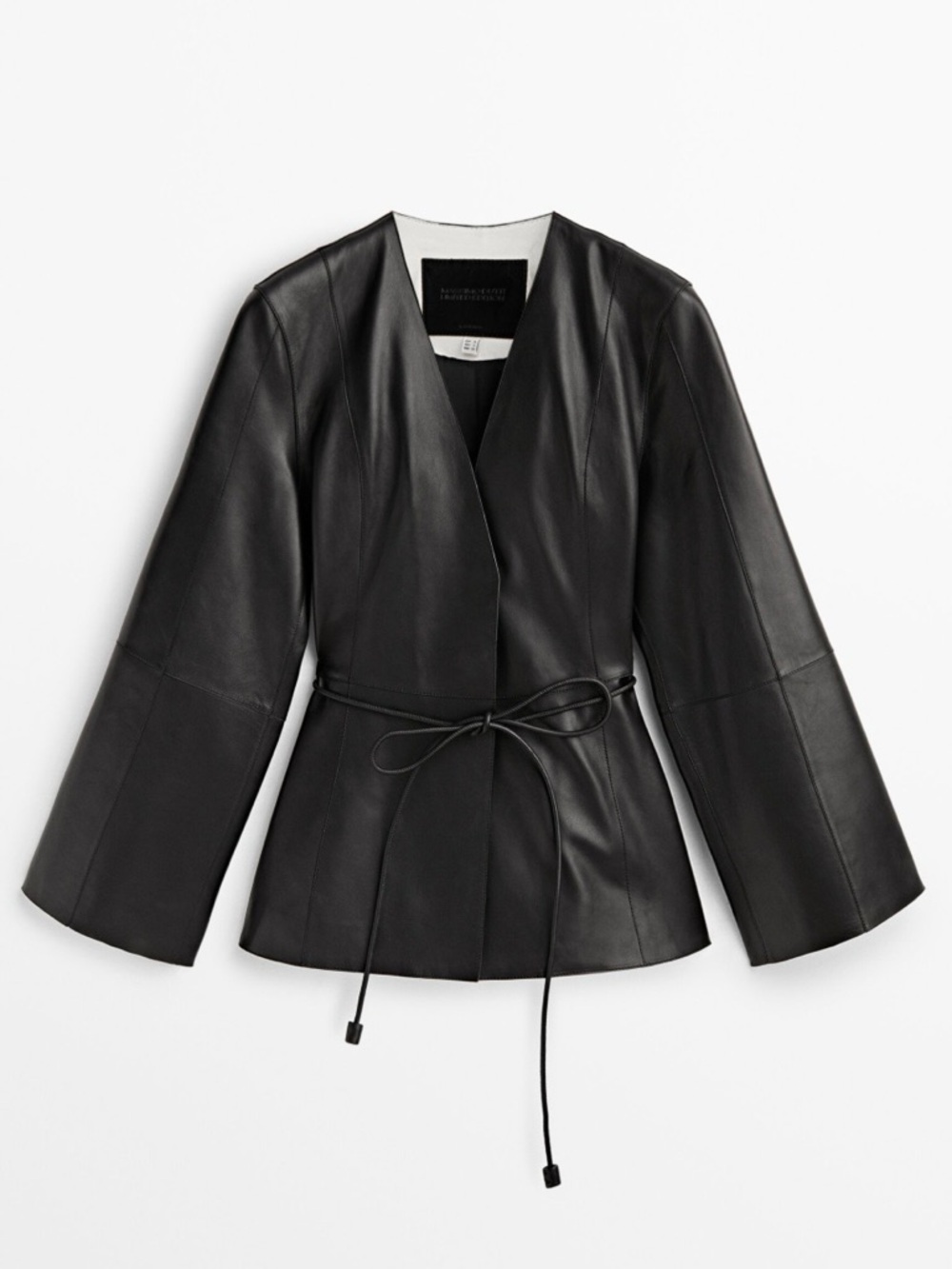 Massimo Dutti Black Leather Tie-Waist Jacket